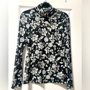 White House Black Market Black and White floral mesh turtleneck blouse